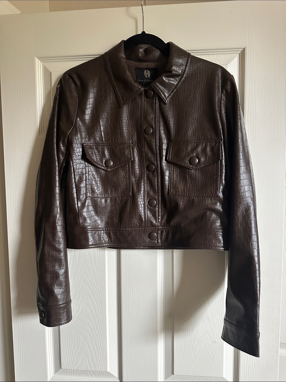House of Harlow 1960 Croc-Embossed Dark Brown Faux Leather Crop Jacket